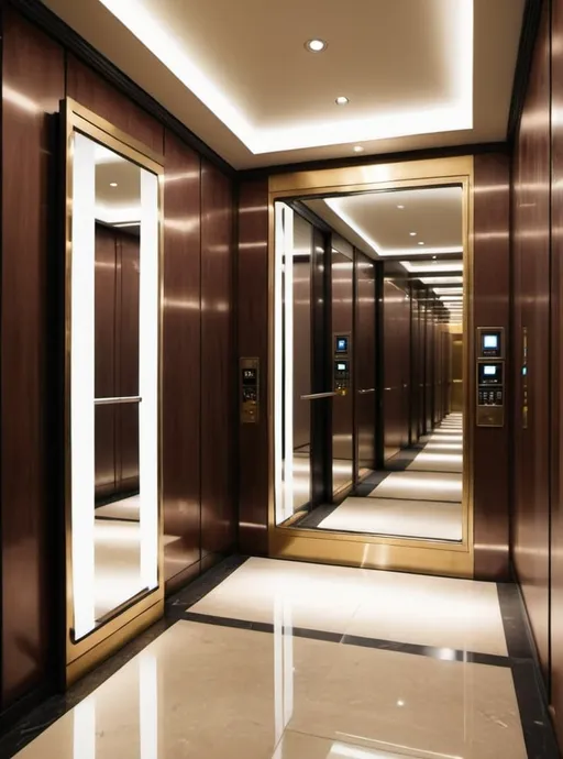 Prompt: Luxurious modern mirror wall inside elevator 