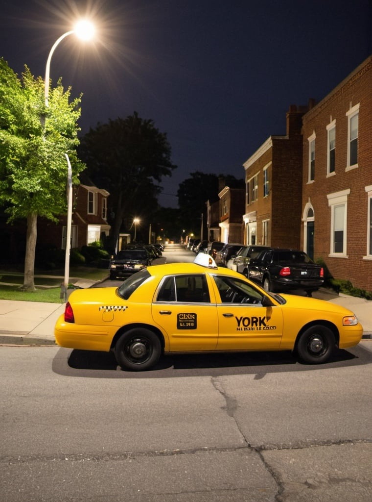 Prompt: York suburb street at night parked a yellow cab