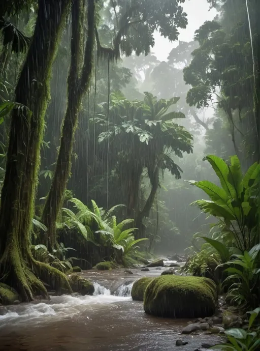 Prompt: Raining Rainforest with stream trees and