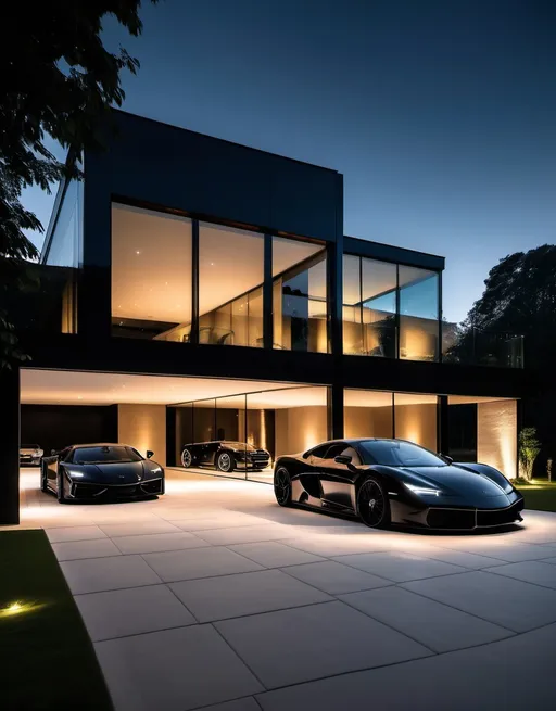 Prompt: Driveway by night with glass walls mansion at the back, different outdoor lighting, luxurious black sport car parked outside 