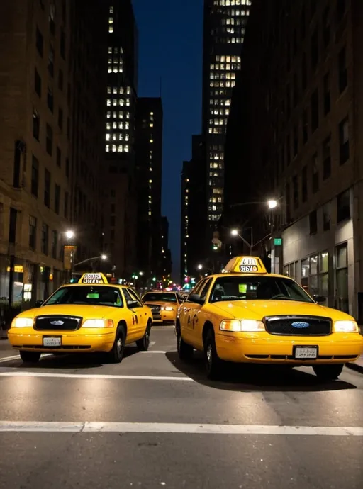Prompt: York street at night skyscrapers parked a yellow cab