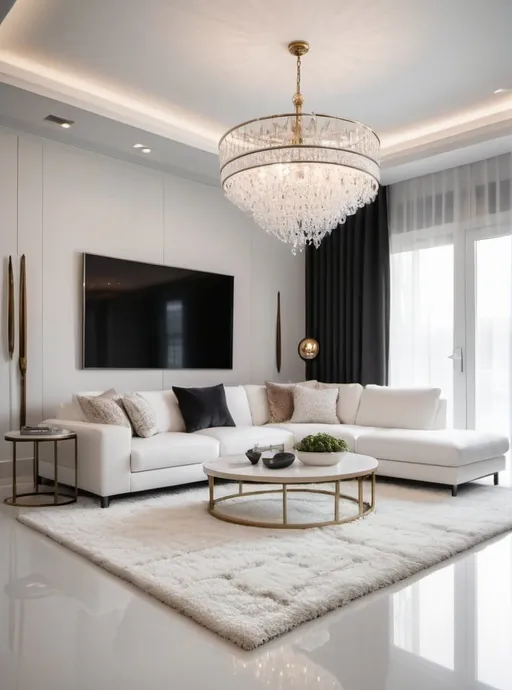 Prompt: Luxurious modern contemporary living room,  white modern couch, long hair carpet flooring, contemporary modern chandelier,
 close up