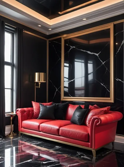 Prompt: Luxurious modern living room, black pvc walls, red L couch black pillow, black gold marble floor, close up