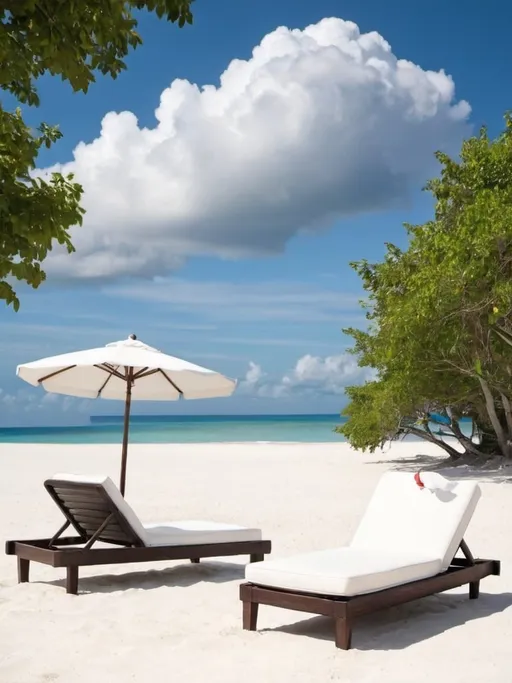 Prompt: Two chaises lounge on a sunny beach with clouds,  trees and white sand