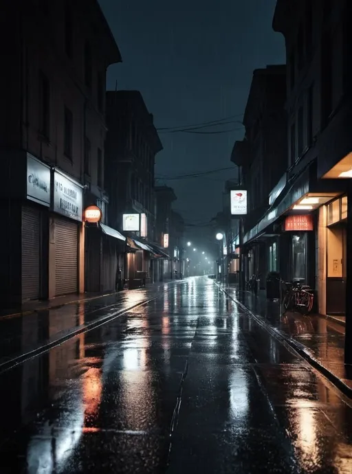 Prompt: Dark rainy night street