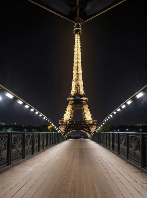 Prompt: Empty Catwalk with paparazzi Eiffel Tower at night