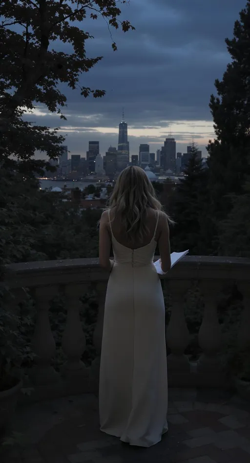 Prompt: “Brittany Murphy stands alone in a quiet garden balcony at dusk, holding a script, back to camera. City skyline blurred behind her. Soft glow, cinematic farewell energy.”



