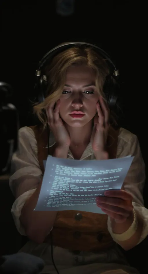 Prompt: “A thoughtful actress Brittany Murphy, on a moody film set, wearing vintage-inspired clothing with headphones on. She’s reviewing a scene with a holographic script floating near her. Soft studio lighting, artistic vibes.”