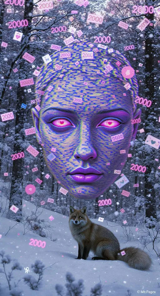 Prompt: “An AI-generated snowy forest with a single fox, glitching face close-up, and floating 2000s icons. Melancholy color tones. Digital surrealism.”
