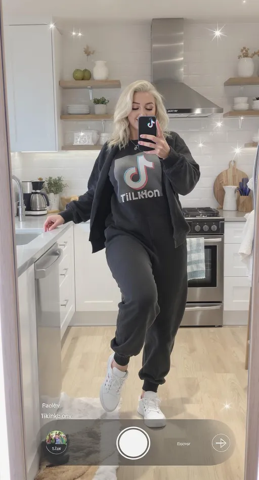 Prompt: Marilyn dancing in a modern kitchen wearing comfy athleisure, filming a trending TikTok dance. Bright, playful lighting.
