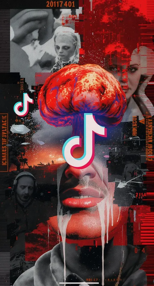 Prompt: “A mashup of war footage, random TikTok faces, a nuclear cloud, a person smiling through tears. VHS filter, chaotic aesthetic, vertical cinematic framing.”