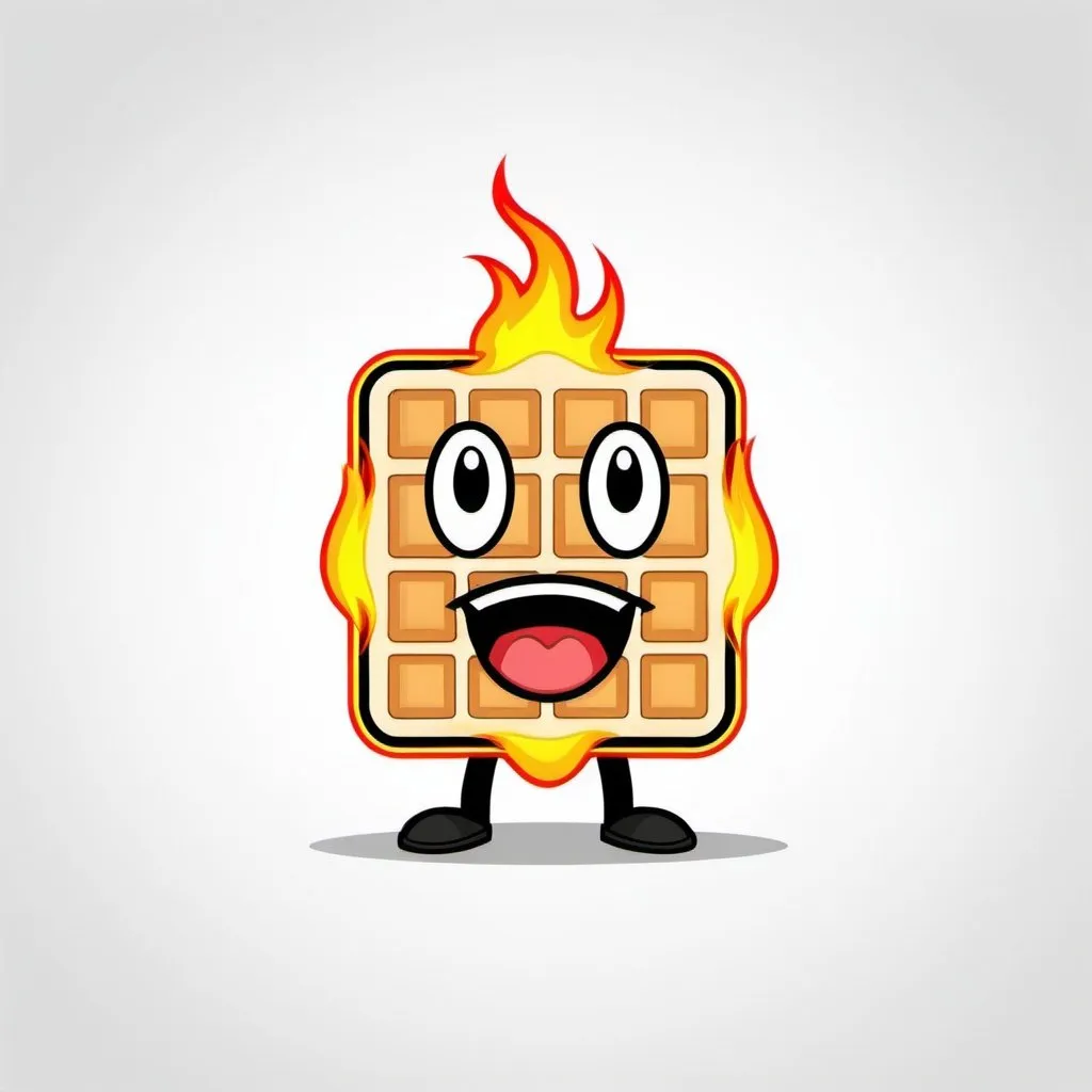 Prompt: Generate a mascot logo of unhappy waffle with no face on fire, square shaped,, white background, flames