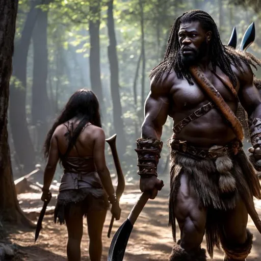 Prompt: A muscular black man dressed as a barbarian walks through a forest with a battle-axe. The word "Garbanzo" is written on the rear of his leather vest