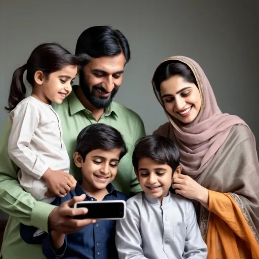 Prompt: A Pakistani family of 4 consisting of mother, father and two children smiling and looking at the mobile phone the father is holding, realistic, detailed clothing, natural lighting