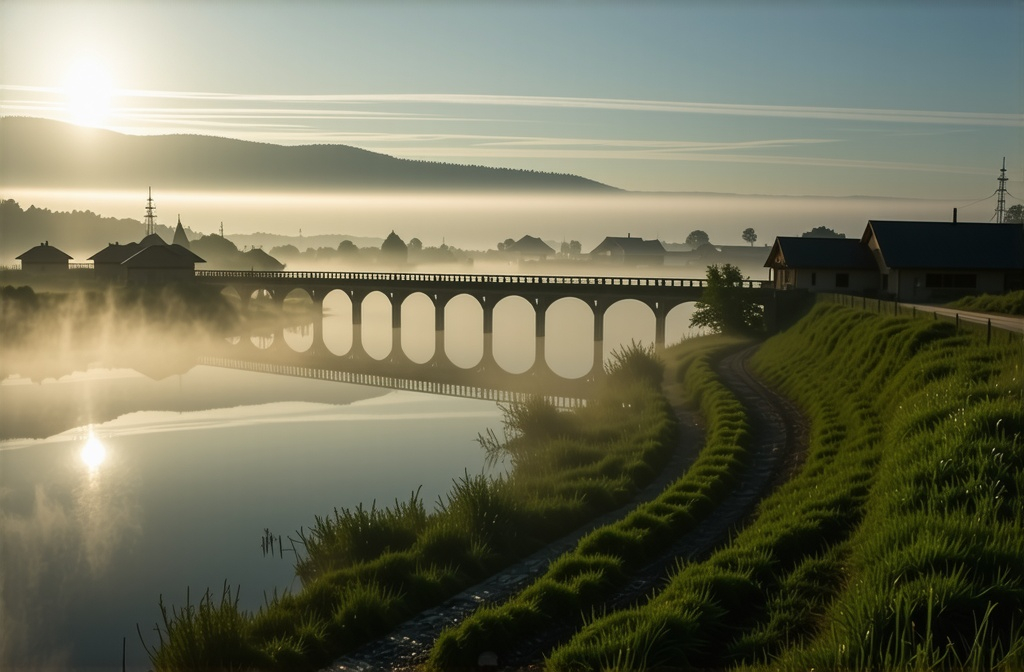 Prompt: small settlement, foggy, bridge and river, dramatic settlement scene, sunshine through the fog, cinematic lighting