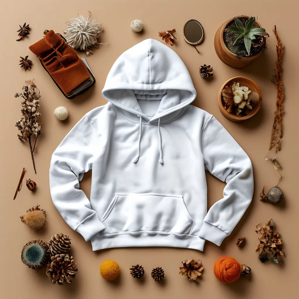 Prompt: A white hoody mock up flat lay with photo props on the background