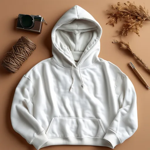 Prompt: A white hoody mock up flat lay with photo props on the background