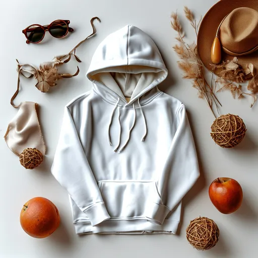 Prompt: A white hoody mock up flat lay with photo props on the background