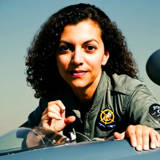 Prompt: no water marks female captain flying an F-18 fighter jet, (confident pose), sleek aircraft design, intense focus in her eyes, cockpit instruments illuminated, vibrant blue sky, fast-paced motion, dynamic aerial maneuvers, realistic details in flight gear, high quality 4K, dramatic interplay of light and shadow, inspiring atmosphere of bravery and adventure. no water marks