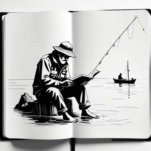 Prompt: Very minimalistic sketchbook like drawing with minimum number of lines in black and white of a fisherman reads a book