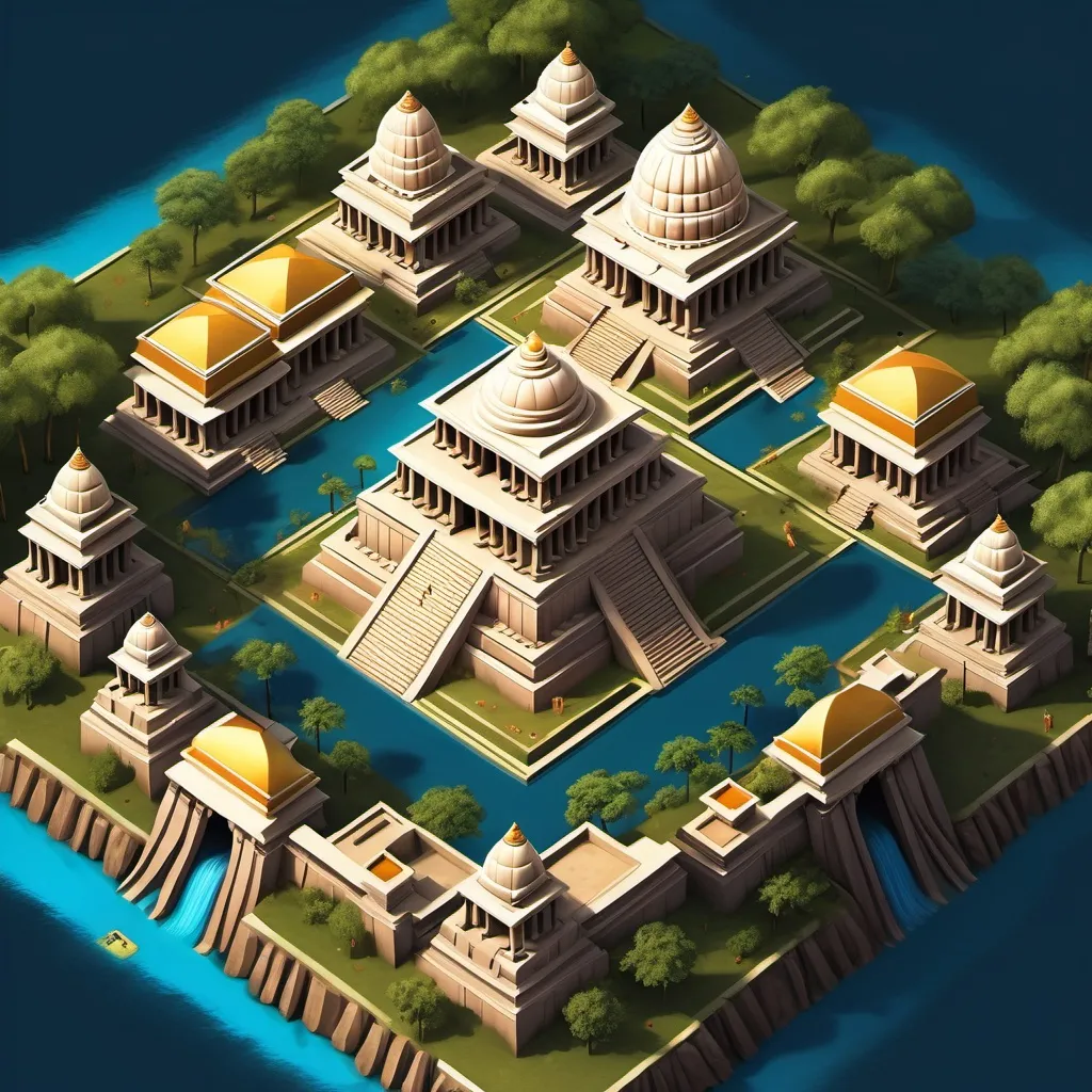 Prompt: an A4 landscape sized image of an isometric top down view of an ancient, wealth city of ancient india with temples of gold, blue lakes and rich forests 