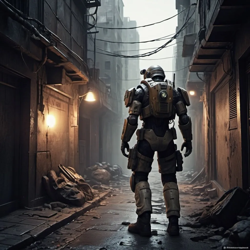 Prompt: "You are a lone soldier in a post-apocalyptic world where advanced technology is your only ally. Amid a devastated cityscape, you find yourself in a narrow alley, lit only by the dim light of rusty streetlights. The sound of Shots echo around you as you prepare for the impending confrontation. Your mission is clear: survive and triumph over your enemies, using all your cunning and artificial intelligence-enhanced skills. with impressive detail and a cinematic style that conveys the intensity of the battle about to take place."