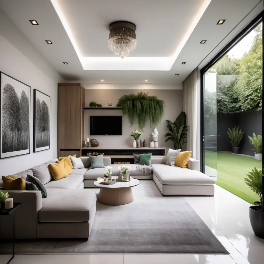 Prompt: modern house interior design featuring a stylish drawing room, bedroom, bathroom, and a landscaped lawn.