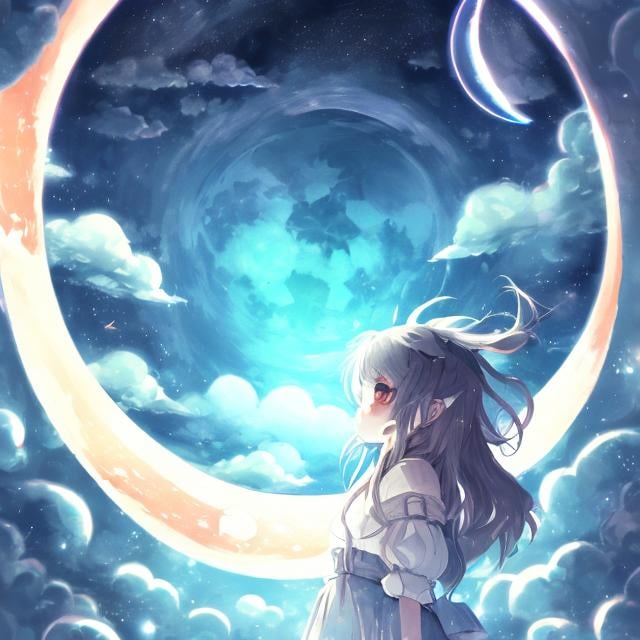 Prompt: a girl that is standing in the middle of a tunnel, space art, the moon and stars, round clouds, anime set style, bottom angle, round background, highly detailed anime, earth outside, full moon in the sky overhead, a beautiful artwork illustration