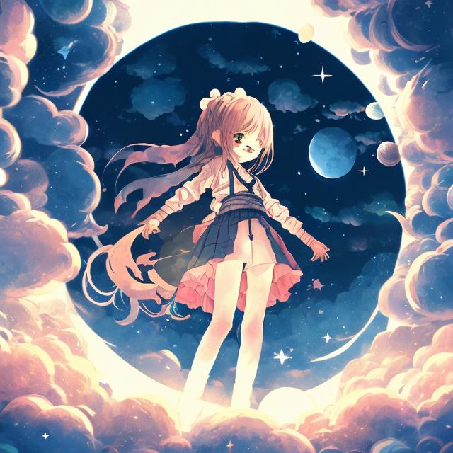 Prompt: a girl that is standing in the middle of a tunnel, space art, the moon and stars, round clouds, anime set style, bottom angle, round background, highly detailed anime, earth outside, full moon in the sky overhead, a beautiful artwork illustration