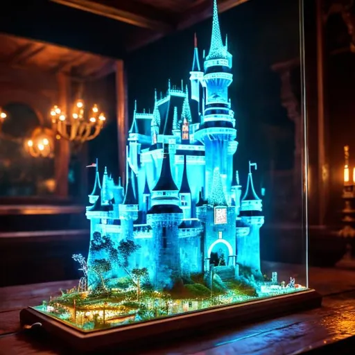 Prompt: a castle in a glass case sitting on top of a wooden table, cinematic lightning and colors,  disney weta portrait, hyper-detailed. neon blue lightning