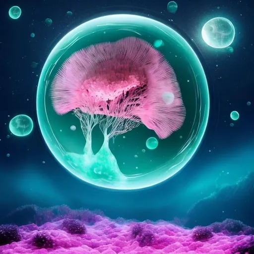 Prompt: pink amoeba  in a buble, floating,  radiating green , sea background, night sky shining moon
