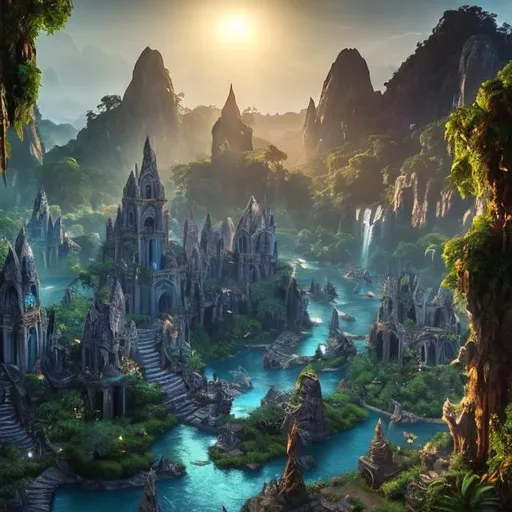 Prompt: (very sharp low angle cinematographic photo of high fantasy elven city of stone in the jungle:1.2), (brilliant blue river and water foreground with reflections:1.3), waterfalls in the distance, stone rocky bridges, connected bridges connecting city buildings, (evening golden glow:1.2), (warm light on buildings:1.2), volumetric light, enchanting, impressive fantasy landscape, , most epic landscape, 4k highly detailed digital art, fantasy overgrown world, high fantasy landscape, intricate scenery
