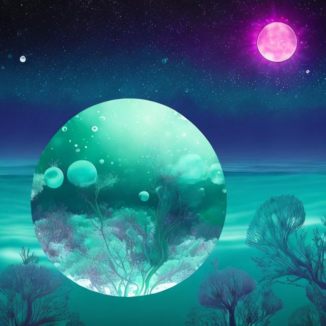 Prompt: pink amoeba  in a buble, floating,  radiating green , sea background, night sky shining moon