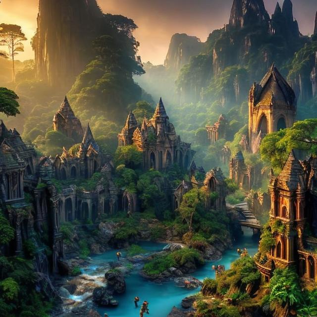 Prompt: (very sharp low angle cinematographic photo of high fantasy elven city of stone in the jungle:1.2), (brilliant blue river and water foreground with reflections:1.3), waterfalls in the distance, stone rocky bridges, connected bridges connecting city buildings, (evening golden glow:1.2), (warm light on buildings:1.2), volumetric light, enchanting, impressive fantasy landscape, , most epic landscape, 4k highly detailed digital art, fantasy overgrown world, high fantasy landscape, intricate scenery