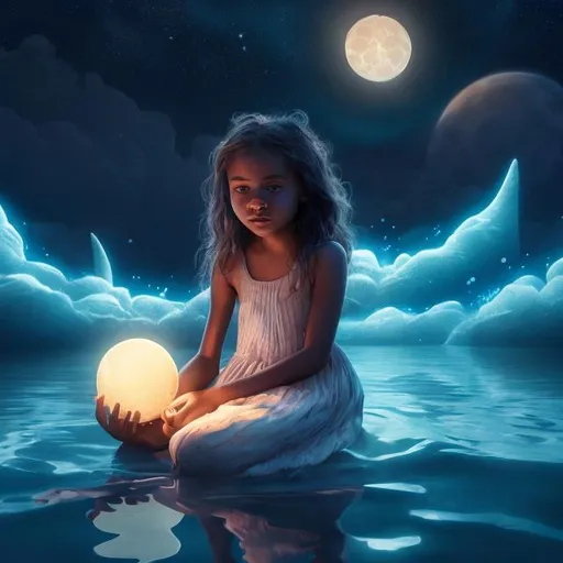 Prompt: A lunar luminescent young girl holding a dainty glowing moon on lap. Girl is sitting down on ocean water surface. Liquid silver ripples reflecting the little girl, cosmic star night background, night time, Jean-Baptiste Mong style