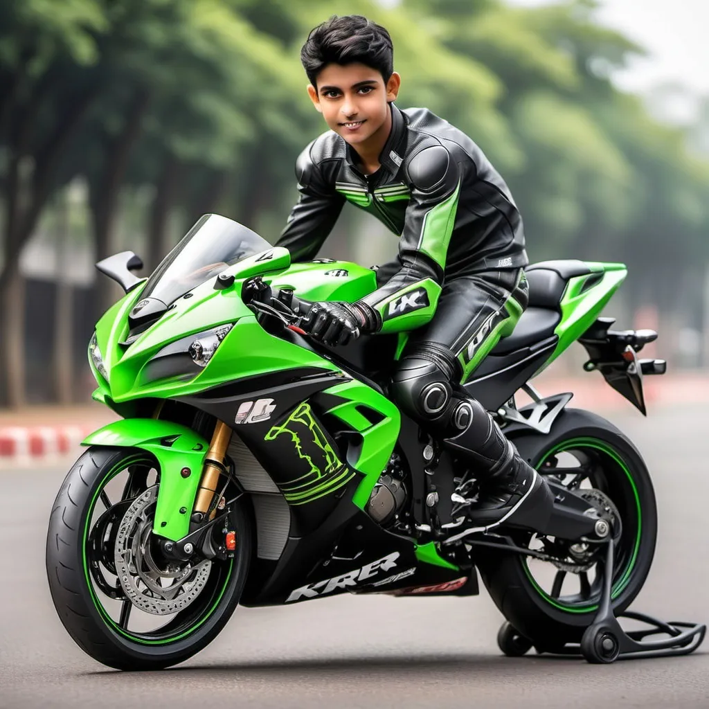 Prompt: India boys age 20years look handsome and stand ZX10r bike

