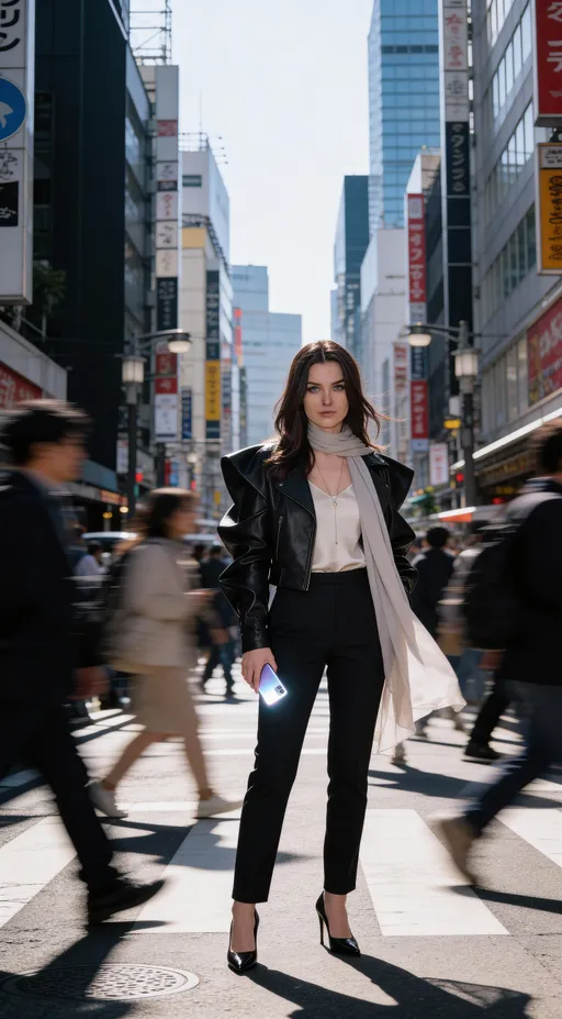 Prompt: @hH3hmhXdfEb7O9ilZQBLA Korean woman strides confidently through a dense Tokyo street, her sculptural leather jacket and soft-flowing scarf crisp against the chaotic hum. Harsh midday light slashes across her face, punctuated by direct flash that carves deep chiaroscuro shadows, highlighting the smooth grain of leather and the subtle pores along her jawline. Her phone is a quiet prop, sleek and luminescent in her hand, grounding the scene in modernity amid urban flux.
Blurred figures swarm around her in kinetic waves of motion, their forms melting into a pale bokeh that throws her figure sharply into relief. The scarf’s delicate weave and the jacket’s matte sheen absorb and shatter light differently, crafting a rich tactile tension between softness and edge. Her hair frames her face with a controlled tousle, while minimal, cool-toned makeup adds a polished restraint to the moment.
The backdrop is a gritty street scene distilled through a subtle tilt, compressing space as if time both slips and freezes. Shot from eye level on a 50mm prime at high shutter speed, the composition contrasts stillness and blur, framing her like an island of calm amid a sea of restless bodies. A faded Sakuran film emulation with slightly pushed contrast infuses the image with nostalgic grit and a modern pulse.
The palette drifts from cold urban steel to warm skin tones caught in a sharp flash flare, saturating details without losing intimacy—a visual poem of anonymity and urban coolness, distilled in fleeting focus and real skin texture.
—high-fashion editorial, hyper-real texture fidelity