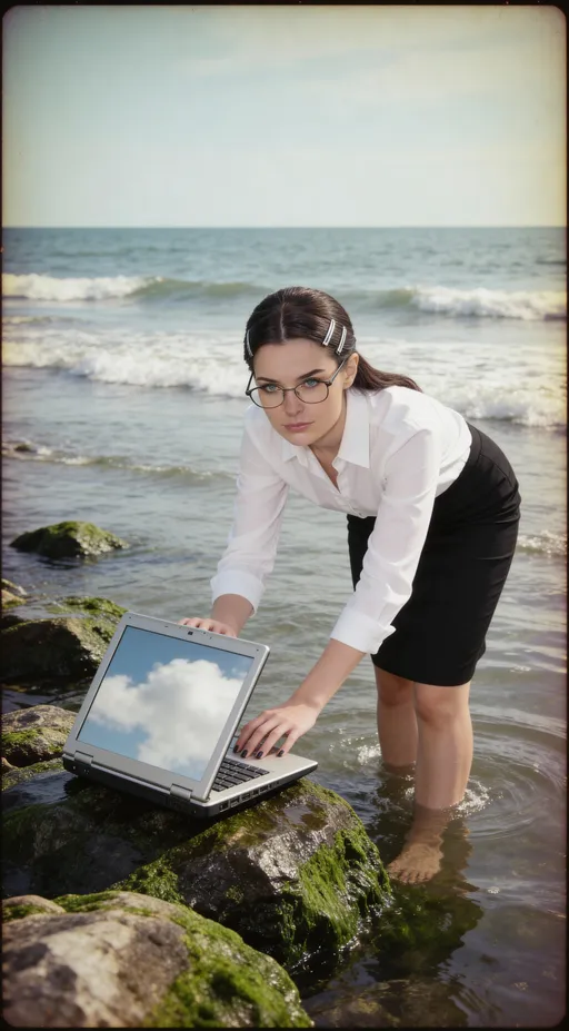 Prompt: @hH3hmhXdfEb7O9ilZQBL With waves lapping rhythmically against the shore, a businesswoman stands ankle-deep in seawater, her crisp white blouse and fitted black skirt sharply contrasting with the slick, moss-covered rocks beneath her. She leans confidently over the wet stones, fingers resting on an awkwardly propped laptop whose screen reflects the cloudy sky above. The photo has a grainy quality, suggesting it may be a still from a video or taken with an older digital camera. Her hair is neatly clipped back with silver barrettes, glasses perched on her nose, her expression one of composed determination as gentle waves wash around her calves. Quick snapshots create a soft-focus effect at the edges, and muted colors swirl into a nostalgic haze, capturing an absurd twist on remote work culture. The ocean’s unpredictable rhythm seems to pulse beneath the steady click of keys, while a faint breeze tousles the hem of her skirt—early-2000s digicam snapshot, grainy quality.