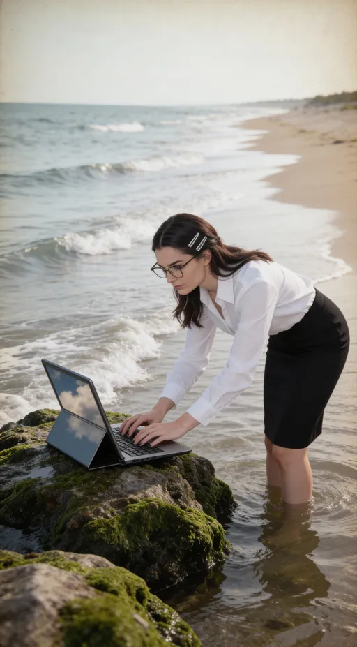 Prompt: @hH3hmhXdfEb7O9ilZQBL With waves lapping rhythmically against the shore, a businesswoman stands ankle-deep in seawater, her crisp white blouse and fitted black skirt sharply contrasting with the slick, moss-covered rocks beneath her. She leans confidently over the wet stones, fingers resting on an awkwardly propped laptop whose screen reflects the cloudy sky above. The photo has a grainy quality, suggesting it may be a still from a video or taken with an older digital camera. Her hair is neatly clipped back with silver barrettes, glasses perched on her nose, her expression one of composed determination as gentle waves wash around her calves. Quick snapshots create a soft-focus effect at the edges, and muted colors swirl into a nostalgic haze, capturing an absurd twist on remote work culture. The ocean’s unpredictable rhythm seems to pulse beneath the steady click of keys, while a faint breeze tousles the hem of her skirt—early-2000s digicam snapshot, grainy quality.
