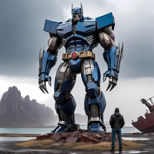 Prompt: Towering xmen wolverine and cyclops megatron optimus prime statue in a desolate greenland, with rain storms and abandoned ships in the distance, mechanical, dystopian, 4k detail, post-apocalyptic landscape