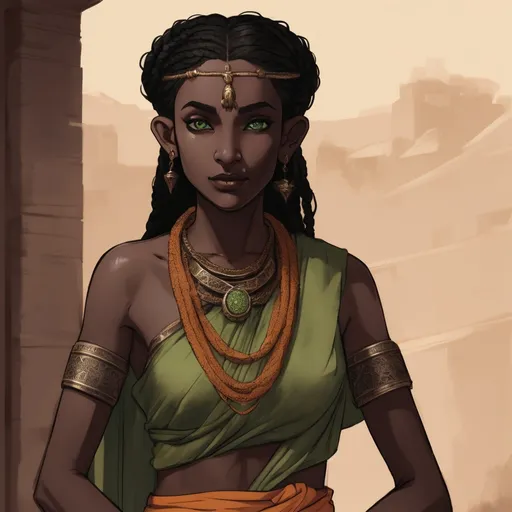 Prompt: Honna Zenobia is a dark-skinned female elf with green eyes. Her black hair is kept in many braids tied into a knot on the top of her head. She is very slender, but her arm and leg muscles are clearly defined. She wears a sari-like dress of brown and green, with an orange sash over her chest. A long strand of wooden prayer beads is wrapped around her waist. On her throat is a torc made of copper and inscribed with a repeating symbol of an open hand.
