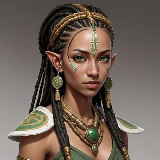 Prompt: Honna is a female high elf with long, pointed ears. She is slender, but strong. She has dark skin and brown eyes. Her black hair has braids and dreadlocks and is pulled into a knot on the top of her head. She was trained as a warrior in the local monastery that values dexterity and devotion. Her clothes are a monk's uniform in earth colors. She wears prayer beads around her waist and carries a folding fan. Her face is painted with white and green warrior's paint. She also wears a golden headpiece that conceals hidden daggers, as well as an iron torc on her neck.