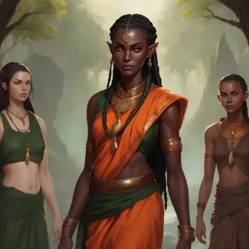 Prompt: Dark skin female elf, fierce, slender, warrior monk, green eyes, pointed ears, balck hair in many braids, green and brown sari dress, orange sash, prayer beads, copper collar
