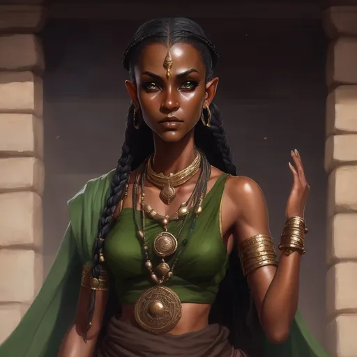 Prompt: Dark skin female elf, fierce, slender, warrior monk, green eyes, pointed ears, balck hair in many braids, green and brown sari dress, prayer beads, copper collar
