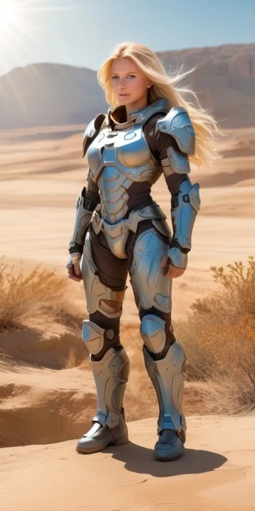 Prompt: Sun halo in blonde hair, fair face with sky blue eyes, tan combat armor, bronzed skin, desert landscape, high quality, realistic, warm tones, radiant lighting
