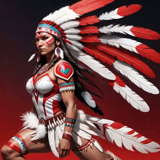 Prompt: Native American female superhero themed after a rabbit, traditional tribal attire, agile and graceful, white and red color palette, high quality, digital art, superhero, native american, rabbit-themed, traditional attire, agile movement, vibrant colors, detailed feathers, powerful stance, professional, dynamic lighting