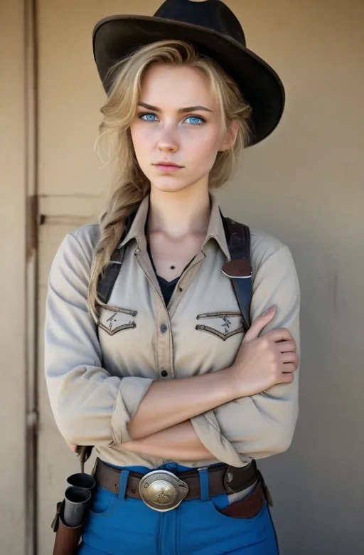 Prompt: young woman dirty blonde hair, sky blue eyes, western attire, black cowboy hat, courier pack, revolver on hip, fallout style