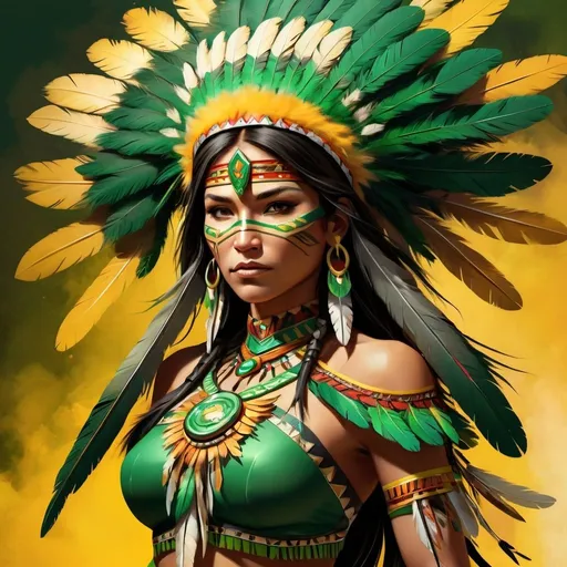 Prompt: Native American female in regalia themed after a dragon, traditional tribal attire, agile and graceful, green and gold color palette, high quality, digital art, superhero, native american, traditional attire, agile movement, vibrant colors, detailed feathers, powerful stance, professional, dynamic lighting