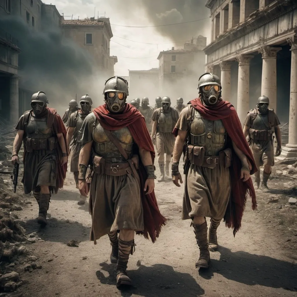Prompt: Post-apocalyptic soldiers in Roman dress walking through a radiation storm
