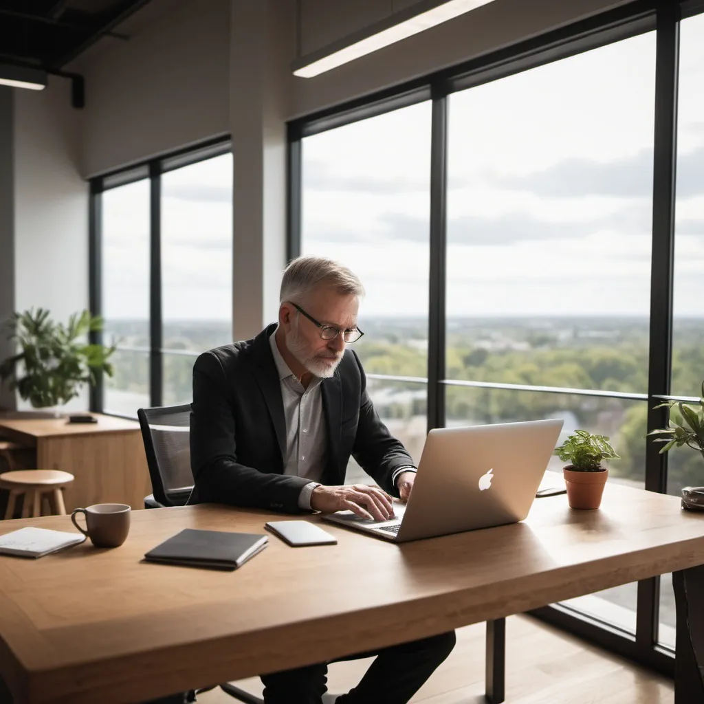 Prompt: Image features a sleek and clasig entrepreneur workplace environment, with a polished wooden desk adorned with a laptop, a middle age person thinking. A pair of hands are shown typing on the laptop. In the background, there's a large window overlooking abundance.